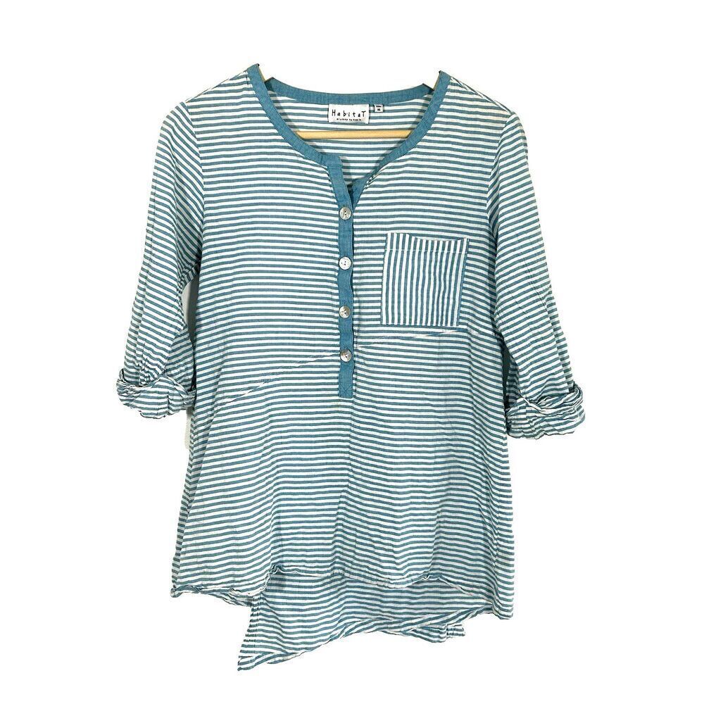 Habitat Clothes to Live In Top Size XS Popover Blue White Stripe Asymmetric Hem